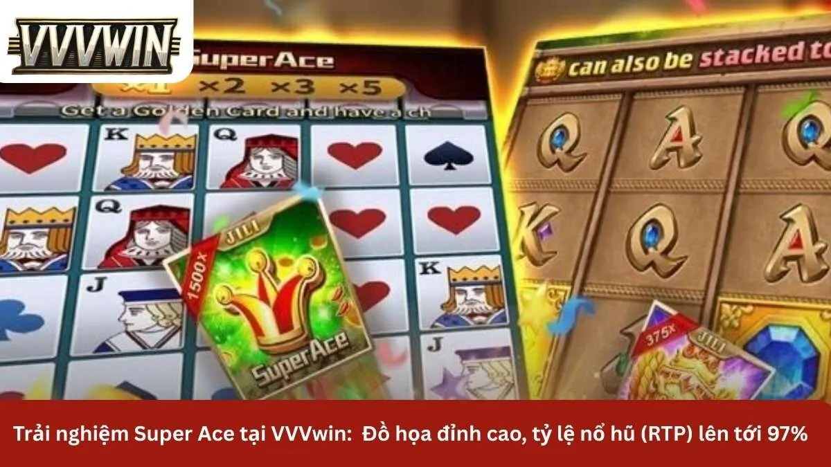 Banner giới thiệu game nổ hũ Siêu Cấp Ace (Super Ace) tại nhà cái VVVwin với các biểu tượng bài Tây vàng và cơ hội trúng Jackpot lớn năm 2026.